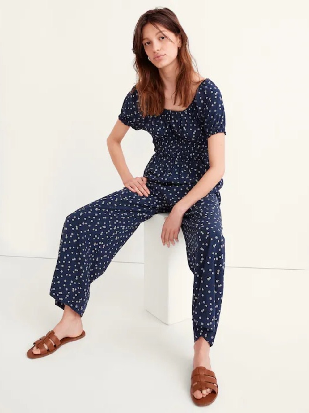 Madewell Navy Polka Dot Wide-Leg Jumpsuit